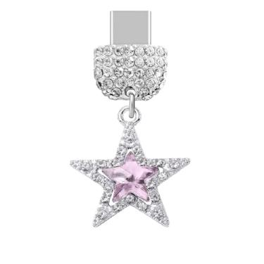 Imagem de ELISE & FONDA TP974 Tipo-C porta de carregamento cristal antipoeira pequena estrela de cristal pingente de telefone celular para iPhone 15/16/Samsung/OnePlus/Xiaomi/oppo telefones Android (rosa)