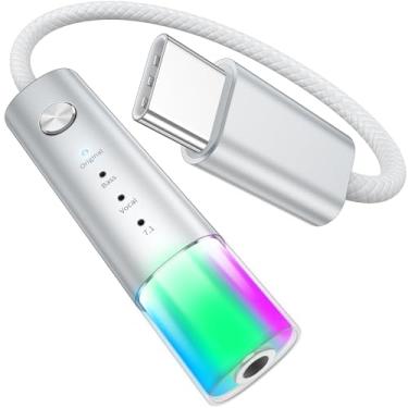 Imagem de Adaptador de fone de ouvido USB C para 3,5 mm, amplificador embutido, 4 modos de áudio, graves profundos, som surround 7.1, voz clara, luz de néon Hifi estéreo USB C para conector de 3,5 mm para