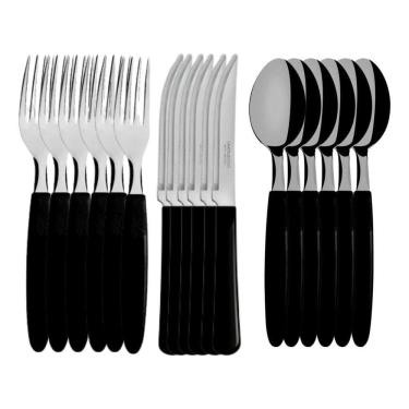 Imagem de 2X Kit Jogo 18 Talheres Faca Garfo Colher Inox Cabo Preto Pr
