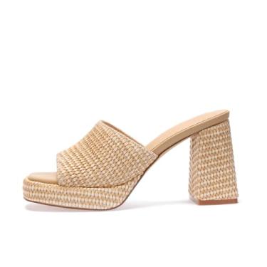 Imagem de Monrovia Sandálias femininas de salto ráfia, plataforma, plataforma, salto bloco, bico aberto de verão, salto alto grosso, sandálias deslizantes de praia para férias, Natural-1#, 40