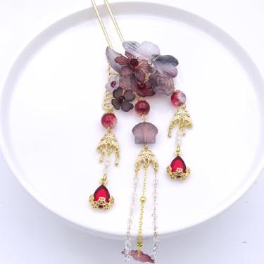 Imagem de 1 peça rabithenn elegante palito de cabelo de camélia, flor roxa e transparente com alfinete de cabelo de folhas verdes para mulheres, acessório de penteado de coque chinês updo presente (borboleta