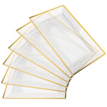 Imagem de Mint Living - Elegante conjunto de bandeja e travessa de plástico (pacote com 6) – Bandejas e travessas descartáveis de borda transparente e dourada para alimentos – casamentos, festas de luxo, mesa de sobremesas, expositor de cupcake – 20 x 33 cm