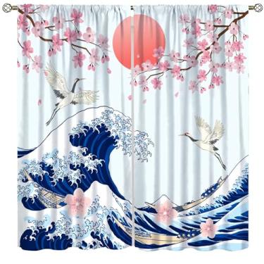 Imagem de Cortina blackout estilo japonês, ondulação do mar, flor de cerejeira, guindaste, oceano, pássaro, aquarela, cortinas para sala de jantar, café, sala de estar, quarto, cozinha, escritório, decoração