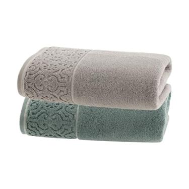 Imagem de Jogo de Toalhas Ele/Ela Super Soft Arabesco Zero Twist 2Pçs – Banhão 80x150cm 500g/m² – Toque Macio, Alta Absorção e Design Sofisticado – Altihaus (Cinza/Verde)