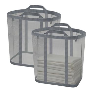 Imagem de Sekonow Cesto de roupa suja de malha, cesto de roupa suja suspenso para porta de parede com alças, bolsa de praia dobrável respirável, bolsa de viagem que economiza espaço (pacote com 2, cinza)