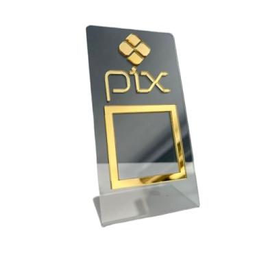 Imagem de Placa Display Pix C/Base Mesa Balcão Pagamento Qr Corde Acrilico(DOURADO FUNDO TRANSPARENTE)