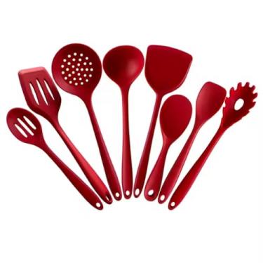 Imagem de Kit Utensílios de Silicone 8 Peças com Balde Espátulas e Colheres para Panelas Antiaderentes Alta Resistência ao Calor (Vermelho)