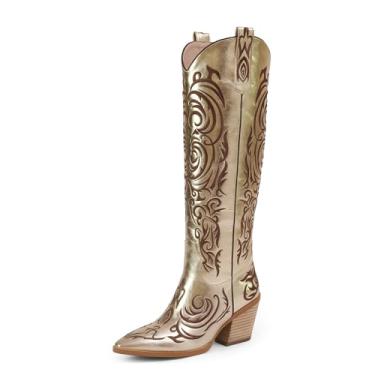 Imagem de iiimmu Botas femininas Cowgirl, cano alto, bico fino, salto bloco, camurça caubói e couro sintético com bordado, Ouro PU - Altura do joelho, 39