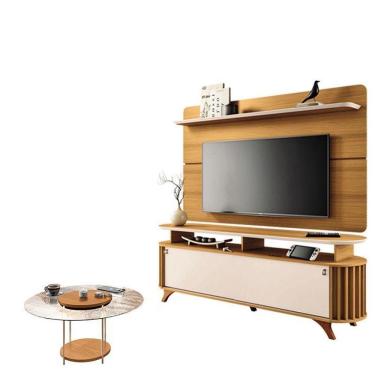 Imagem de Rack Bancada Alba Com Painel Curv Com Mesa De Centro Sky Com Tampo De Vidro Cinamomo Off White – Hb Móveis