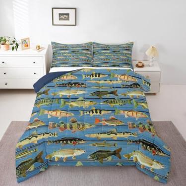 Imagem de Feelyou Jogo de cama Queen com estampa de peixe robalo, para pesca e caça, para crianças, meninos, meninas, azul, madeira, prancha, edredom respirável, macio, leve, microfibra para decoração de quarto