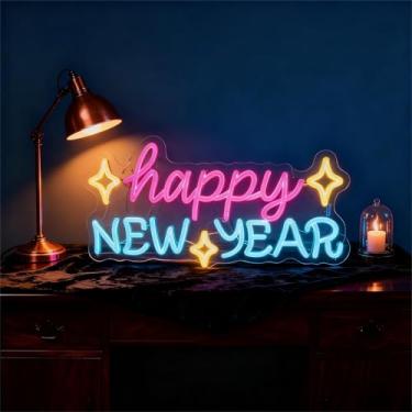 Imagem de Sinal neon de feliz ano novo, decoração de férias LED, decoração de festa interna - luz neon alimentada por USB de 16,5 pol. × 22,9 cm com 6 modos reguláveis para decorações de ano novo