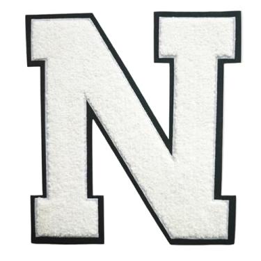 Imagem de 1 Patch de letra de chenille de ferro branco de 16,5 cm com borda preta – Remendos do alfabeto para roupas, jaquetas, mochilas, chapéus para decoração personalizada, nome personalizado e artesanato