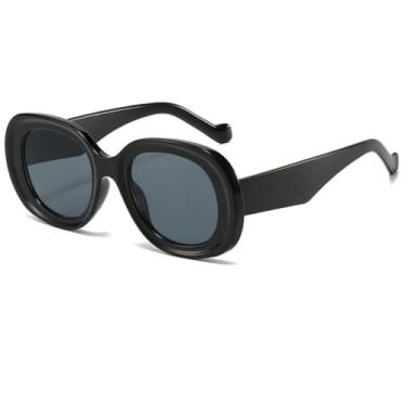 Imagem de HCPIHF Óculos de sol retrô oval com estampa Uv400, óculos de sol da moda, punk, redondo, feminino e masculino (preto-preto)