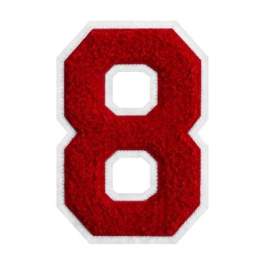 Imagem de 1 peça de patch de número de chenille vermelho de 15 cm com borda branca – adesivos do alfabeto para roupas, jaquetas, mochilas, chapéus para decoração personalizada, nome personalizado e artesanato