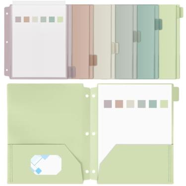 Imagem de Honoson 12 pastas de plástico com bolso frontal transparente, 3 furos, pastas perfuradas Morandi para fichário de 3 anéis, abas cortadas de 1/6 para escritório, sala de aula