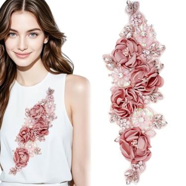 Imagem de 1 aplique de flores 3D rosa empoeirado, enfeite de tecido com strass e flores de cetim para decoração de roupas, vestidos e acessórios