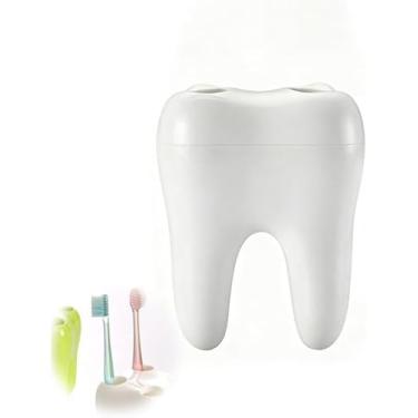Imagem de Suporte de escova de dentes em forma de dente dentário, suporte de armazenamento de plástico branco, design de 4 furos, organizador de banheiro, estilo de desenho animado