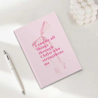 Imagem de Caderno bíblico com laço rosa, presentes cristãos para mulheres, cadernos de diário A5 para anotações de escritório, caderno de diário cristão de 21 x 14,7 cm, versículo bíblico, planejador de orações