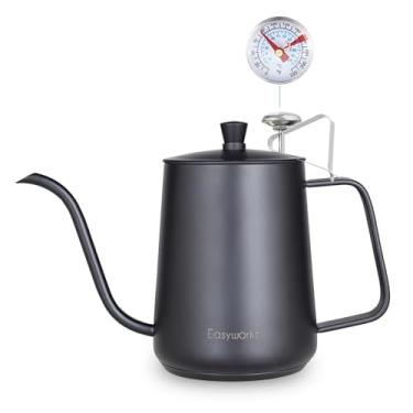 Imagem de Chaleira Easyworkz com bico de ganso, 900 ml, com termômetro, em aço inoxidável, para café coado à mão, com bico longo e estreito, adequada para fogões de indução.