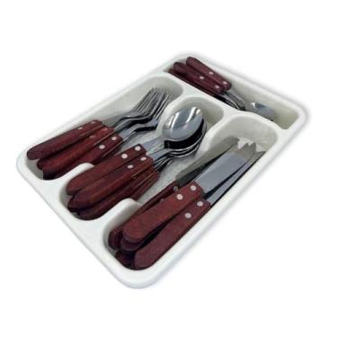Imagem de Jogo de Talheres com Porta Talher, 25 Peças, Cabo de Madeira, Inox, Inclui Facas, Garfos e Colheres