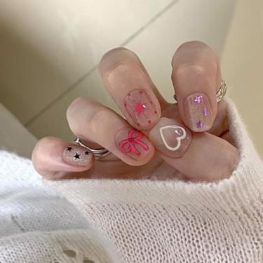 Imagem de Pregos postiços quadrados curtos ombré rosa nude com laço de estrela requintado design de glitter cobertura completa cola acrílica falsa em unha para mulheres, 24 peças