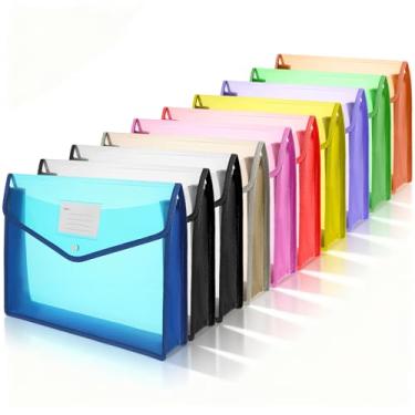 Imagem de PercyEffie 10 pastas de arquivo expansíveis de plástico com fecho de pressão suporte organizador de documentos transparente para capacidade de tamanho A4/carta, 9 cores vibrantes, à prova d'água e