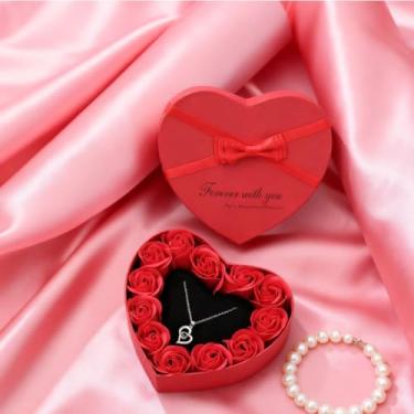 Imagem de Caixa de presente rosa eterna com colar, decoração em forma de coração para namorada, arranjo de flores artificiais para adultos