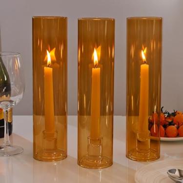 Imagem de Vixdonos Conjunto de 3 castiçais modernos de vidro Hurricane, suporte de vela longo afunilado com cilindro de 30 cm de altura, capa à prova de vento para mesa de festa de casamento ao ar livre