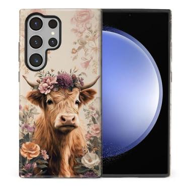 Imagem de CARLOCA Compatível com Samsung Galaxy S24 Ultra Full Body Matte Case para meninas meninos capa dura à prova de choque para Samsung Galaxy S24 Ultra Fashion Pattern Flower Leaves Crown Highland Cow