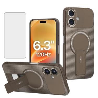 Imagem de Asuwish Capa de telefone para iPhone 17 6,3 polegadas capa de fibra de carbono magnética com protetor de tela de vidro temperado e suporte protetor fino acessórios de celular macio i Phone17 i17 17