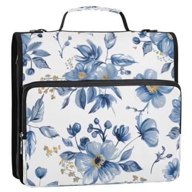 Imagem de CEBUGI Fichário de 3 anéis com zíper com alça de ombro, pasta de arquivo expansível de 3,8 cm, anéis D, para escola, escritório, buquê azul retrô