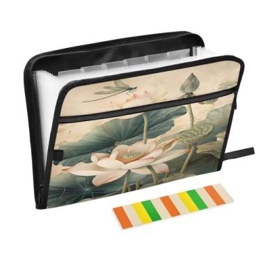 Imagem de Wassud Pasta organizadora de arquivos de flor de lótus e libélula sanfonada, a4, pasta organizadora de documentos, com etiquetas, pasta de arquivos expansível, 13 bolsos
