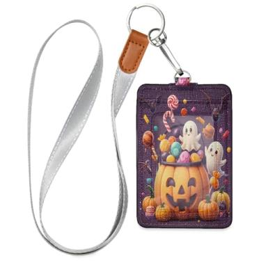 Imagem de Wassud Porta-crachá de couro PU com tema de abóbora com cordão, porta-cartão de identificação para trabalho, cordão de pescoço com compartimentos para cartões de crédito, funcionários, estudantes