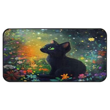 Imagem de Burbuja Tapete de cozinha de gato preto 51 x 99 cm, tapete lavável antiderrapante com suporte de borracha, tapete para cozinha, sala de estar, banheiro, decoração de casa