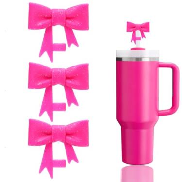 Imagem de YAYAYOUNG 3 peças de tampas de canudo com laço rosa com glitter compatíveis com copos Stanley de 30 e 1,134 g, protetores reutilizáveis e fofos de silicone para canudos StanleyCups de 10 mm Acessórios
