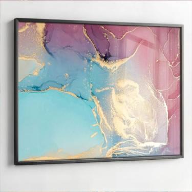 Imagem de Quadro Decorativo Abstrato Azul e Rosa Mármore com Moldura Caixa Acrílico Cristal para Sala e Quarto (Moldura Preta, 90x60)