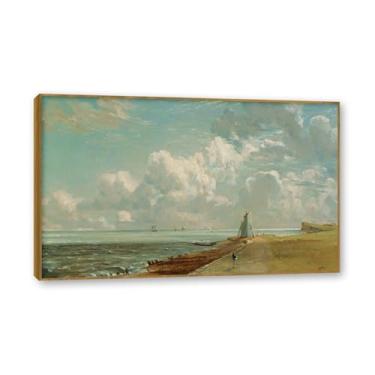 Imagem de Moldura de teca. Arte em tela romantismo estilo constável, (Harwich Lighthouse 2), pintura de paisagem inglesa emoldurada, decoração de parede elegante para sala de estar escritório. 70 x 112 cm