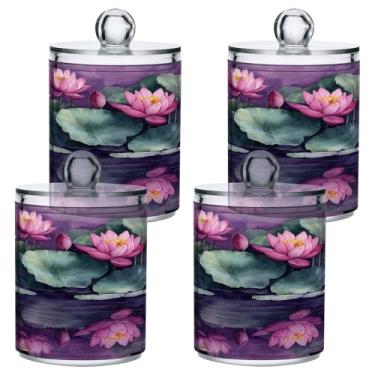 Imagem de STAYTOP 4 peças lindas aquarela flores de lótus dispensador Qtip boticário frascos de banheiro com etiquetas – recipiente de armazenamento Qtip recipiente de plástico transparente acrílico para bola