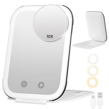 Imagem de FUNTOUCH Espelho de maquiagem de viagem recarregável com luzes e ampliação de 10x, espelho de maquiagem portátil com 80 LEDs, bateria de 2000 mAh, brilho ajustável, 3 iluminação, espelho compacto com