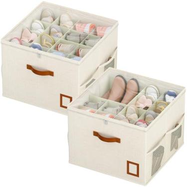 Imagem de FooGuila Organizador de sapatos para armário, pacote com 2 caixas organizadoras de sapatos dobráveis com divisórias ajustáveis e capa transparente, caixa de sapato que economiza espaço com alças