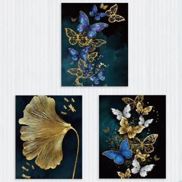 Imagem de 3 peças artísticas azul dourado borboleta impressão sem moldura pôsteres decoração de parede, arte de flores elegantes para paredes, decoração de parede para casa, sala de estar, quarto, presentes de