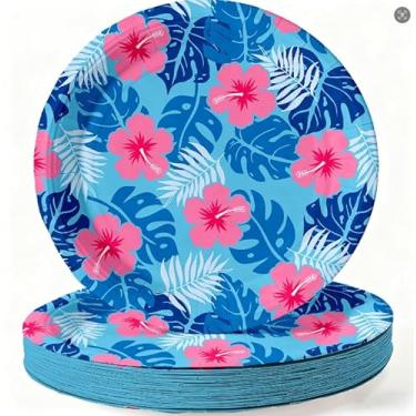 Imagem de AnyDesign 40 peças de pratos de papel havaiano de desenho animado, pratos de festa, 23 cm, hibisco tropical, folhas de palmeira, prato descartável, para jantar, sobremesa, para verão, praia, havaiano