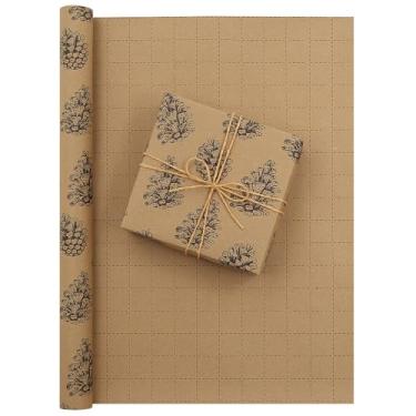 Imagem de Boerni Papel de embrulho de Natal Kraft Mini rolo de pinha de papel de embrulho de 43 cm x 3 m com tema de plantas com linha de corte para presente de inverno e Natal Brithday homem mulher