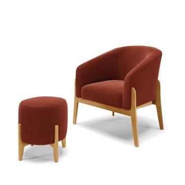 Imagem de Kit 1 Poltrona E 1 Puff Stella Bouclê Base Madeira Castanho - D'rossi Cor Terra