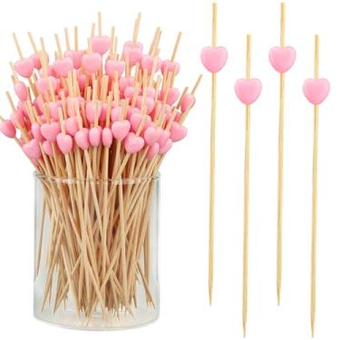 Imagem de Palitos de bambu em formato de coração rosa, 200 peças, 12 cm de comprimento, em formato de coração, para aperitivos, frutas, dia dos namorados, bambu, natural, palito de comida, para dia dos