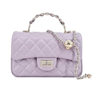 Imagem de M-ioi-M Bolsa tiracolo acolchoada pequena para mulheres, bolsa de ombro de couro com alça de corrente dourada, alça superior de metal para noite, Glicínias pálidas (alça destacável), Clássica, fofa