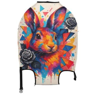 Imagem de Joisal Capa protetora de bagagem de coelho com rosas negras tie dye fofa elástica essencial de viagem para mulheres gráfico, Tie Dye Rabbit Black Roses, XL, Fits 29-32 Inch Case, Capa de mala