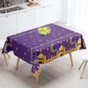 Imagem de 1 pacote de toalha de mesa Ramadan Mubarak, capa de mesa Eid Mubarak dourada roxa, toalha de mesa descartável de plástico retangular Eid Moon Star Castle para decoração de Ramadã e decoração de festas