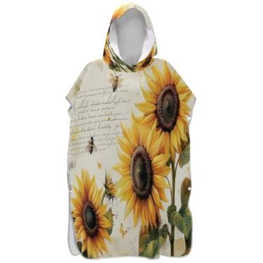 Imagem de Joisal Roupão reutilizável para troca de poncho de surfe para adultos toalhas de banho com capuz retrô girassóis abelhas poncho masculino com capuz