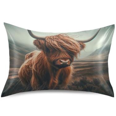 Imagem de Lindas capas de almofada de cetim com estampa de vaca Highland para resfriamento de cabelo, capas de travesseiro padrão King Queen, capa de almofada macia de animal fofo para cama, tamanho king, 101,6